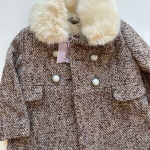 Marks & Spencer Brown Tweed Kids Coat with Cream Fur Collar